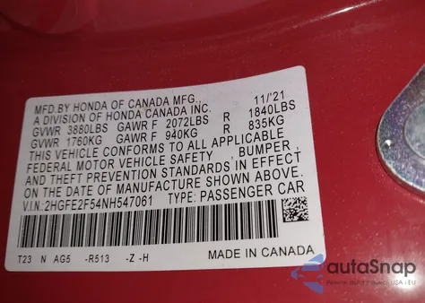 2022 Honda Civic Sport z USA, uszkodzony, nr VIN 2HGFE2F54NH547061